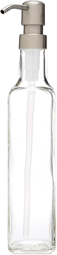 Rail19 French Vessel Glass Soap Dispenser with Metal Pump - Refillable Hand Soap, Lotion & Sanitizer for Sinks and Small Countertops, 8.5oz (Farmhouse Stainless)