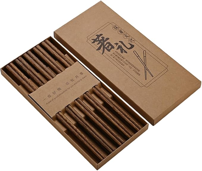 Honglejia Traditional Chinese Chopsticks Gift Set, Reusable Chinese Wooden Chopsticks Dishwasher Safe, Natural Wood, 10 Pair Gift Box (Wenge Wood, standard)