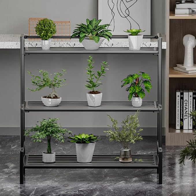 Versatile 3-Tier Metal Plant Stand, Waterproof and Rust-resistant, Heavy-duty Flower Pot Holder for Indoor/Outdoor Use - Adds Elegance to Garden and Home Decor, Black