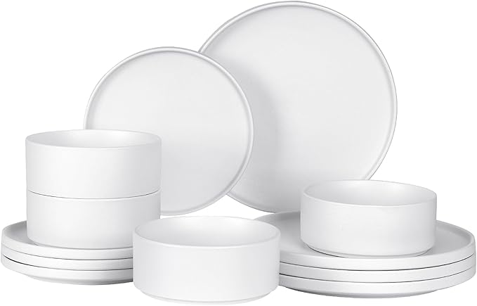 GZG Classic Series - Plates and Bowls Set for 4, 12 Piece Stoneware Dinnerware Sets, Microwave and Dishwasher Safe Lead-Free Handcrafted Ceramic Dishes Set - Ivory White