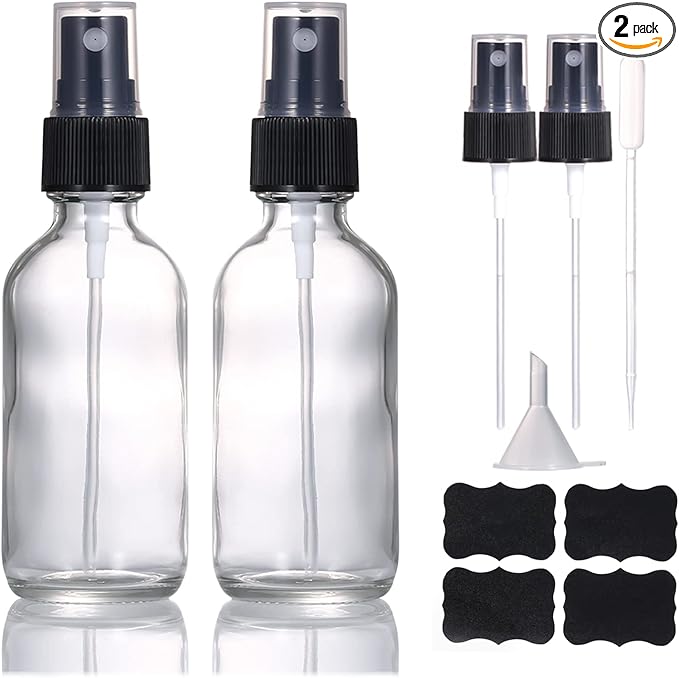 60ml Clear Glass Spray Bottles,Small Empty Fine Mist Perfume Refillable Reusable Travel Spray Bottle for Essential Oils/Hair/Aromatherapy/Cleaning/Cosmetic with Extra Spray Nozzle(2 Pack)