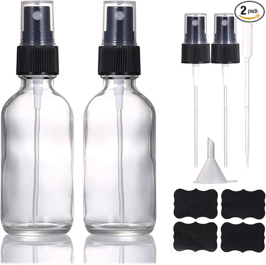 60ml Clear Glass Spray Bottles,Small Empty Fine Mist Perfume Refillable Reusable Travel Spray Bottle for Essential Oils/Hair/Aromatherapy/Cleaning/Cosmetic with Extra Spray Nozzle(2 Pack)