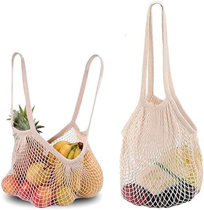 2 Pack Reusable Produce Bags | Mesh Net Washable Long Cotton String Handles for Fruits & Vegetables - Eco-Friendly Breathable Grocery Storage Solution