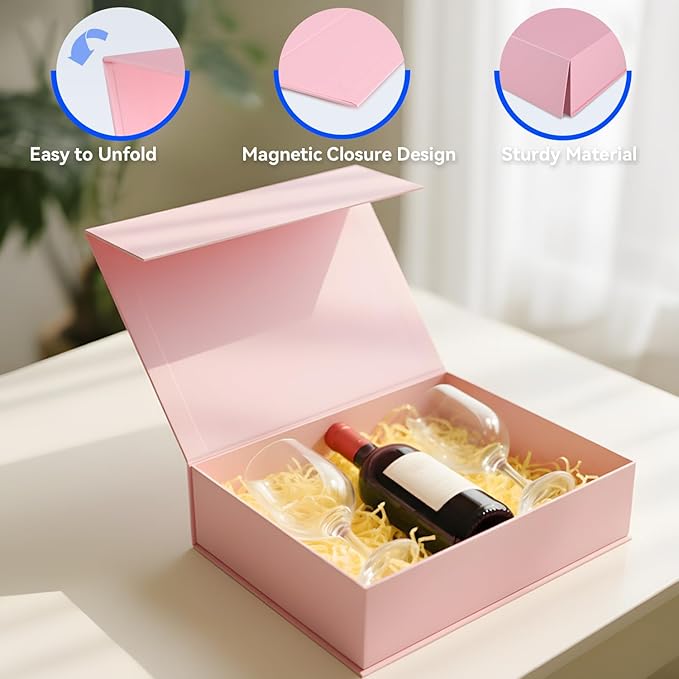 Brothersbox Pink Gift Box 13.8"x9.1"x4.3" Large Gift Boxes for Presents with Magnetic Lid, Ribbon, Collapsible Boxes for Gift Packaging Mother's Day Christmas Birthday Wedding