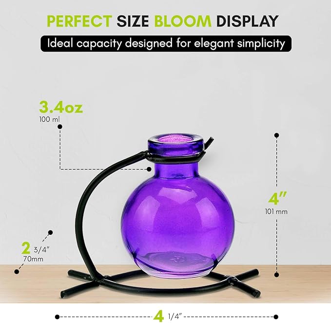 Couronne Company M501-200-21 Casablanca Recycled Glass Vase & Metal Stand, 4", Violet, 1 Piece