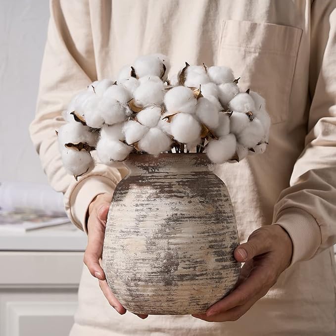 SIDUCAL Ceramic Rustic Vase, Whitewashed Terra Cotta Vase, Distressed Farmhouse Décor, Pottery Decorative Flower for Home Decor, Table, Living Room Decor, Shelf, Mantel, 7.3 Inch, Terra