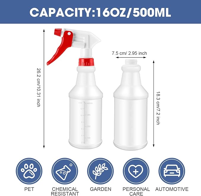 Eccliy 20 Pack 16oz Empty Spray Bottles, Leakproof Cleaning Bottles with Measurement and Adjustable Nozzle for Housekeeping, Commercial Use(Cylinder,Red White New Spray Head)
