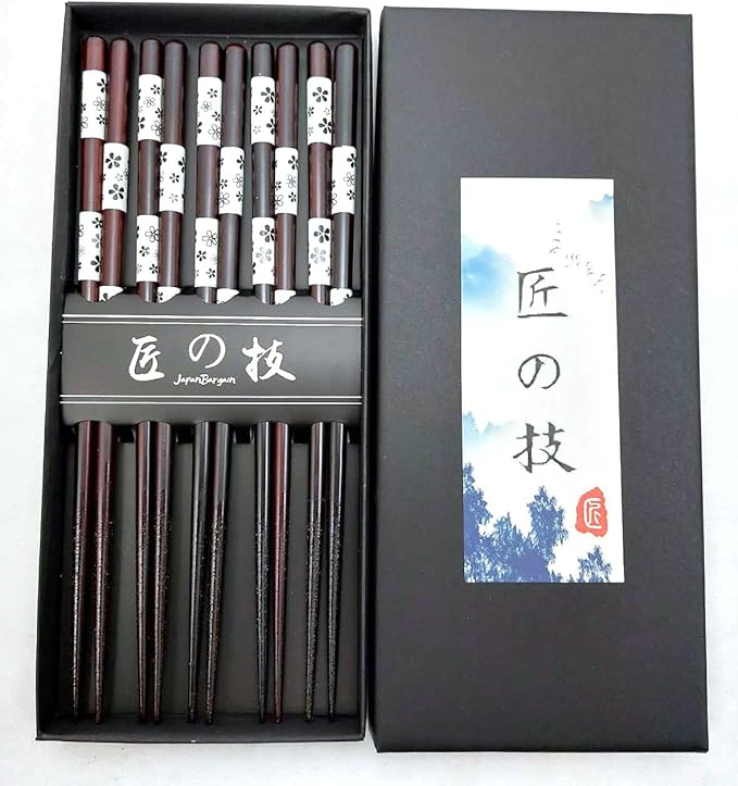 JapanBargain 4511, Bamboo Chopsticks Reusable Japanese Chinese Korean Wood Chop Sticks Hair Sticks 5 Pair Gift Boxed Set Dishwasher Safe, 9 inch (White-Sakura)