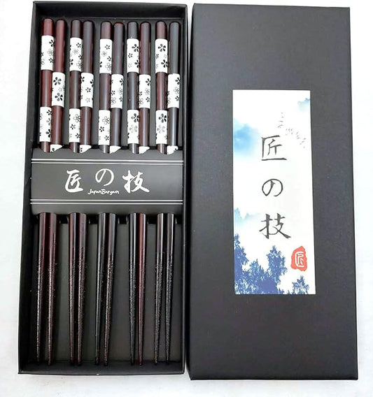 JapanBargain 4511, Bamboo Chopsticks Reusable Japanese Chinese Korean Wood Chop Sticks Hair Sticks 5 Pair Gift Boxed Set Dishwasher Safe, 9 inch (White-Sakura)