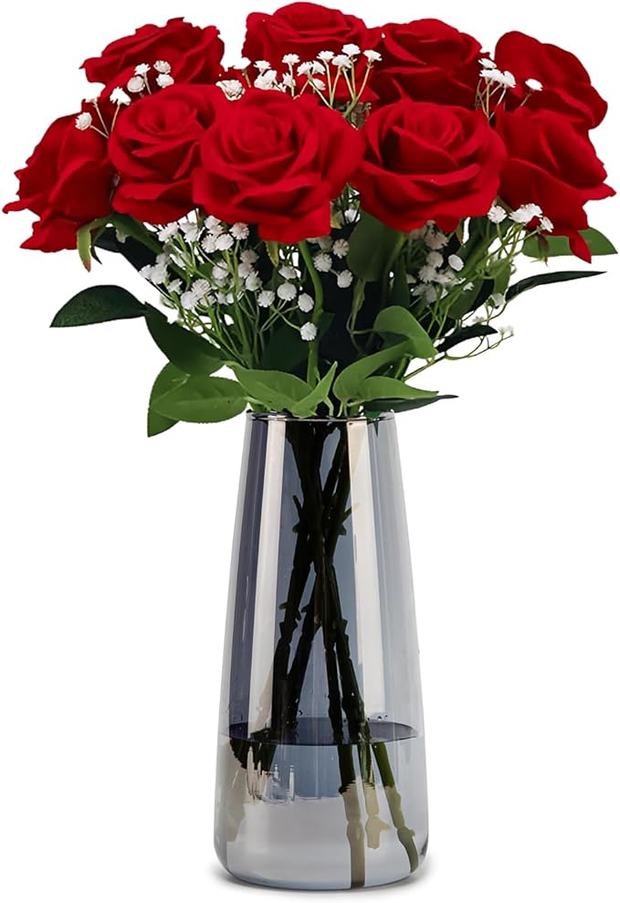 Crystal Clear Glass Vase, Flower Vase for Table Centerpiece Home Decor, Modern Vases for Living Room, Wedding, Office, Coffee Table, Birthday Housewarming Gift, 8.3inch (Gray)