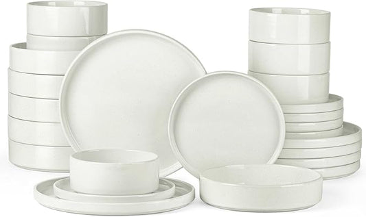 Onader 24 Piece Dinnerware Sets with Pasta Bowls for 6, Stoneware Plates and Bowls Dish Sets, Ceramic Speckled Dinner Dishware for Kitchen Dining, Microwave & Dishwasher Safe - Cloud White
