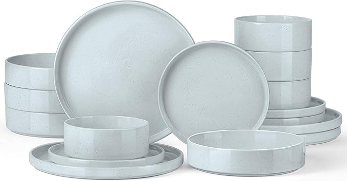 Onader Plates and Bowls Sets, 16 Pieces Stoneware Dinnerware for 4, Kitchen Dinner Dish Set with Pasta Bowl, Ceramic Dishware Dining Ware, Microwave & Dishwasher Safe - Slate Gray
