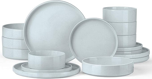 Onader Plates and Bowls Sets, 16 Pieces Stoneware Dinnerware for 4, Kitchen Dinner Dish Set with Pasta Bowl, Ceramic Dishware Dining Ware, Microwave & Dishwasher Safe - Slate Gray