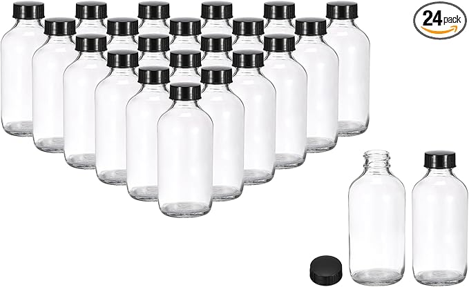PATIKIL 4oz(120ml) Glass Sample Bottles, 24Pcs Round Bottle Dispensing Bottles with Black Poly Cone Cap for Reagent Liquids, Juice, Perfume Hot Sauce Ginger Shots, Transparent