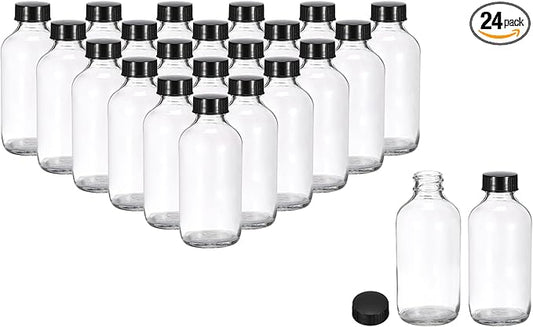 PATIKIL 4oz(120ml) Glass Sample Bottles, 24Pcs Round Bottle Dispensing Bottles with Black Poly Cone Cap for Reagent Liquids, Juice, Perfume Hot Sauce Ginger Shots, Transparent