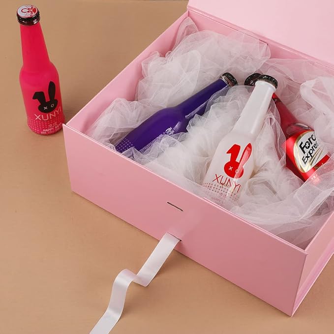 Pink Large Gift Box 13x11x5.3 Inches With Ribbon, Lid Magnetic Closure, Christmas, Rectangle Collapsible for Men Shoes