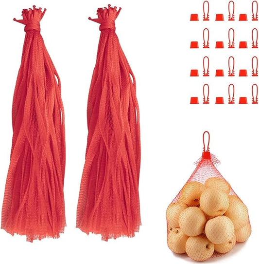 100pcs Seafood Boiling Bags, Plastic Reusable Mesh Produce Bags, Crawfish Bags Boiling Bags, Mesh Onion Bags, Fruit and Vegetable Produce Bag (24inch and Loop-Style Closures red)