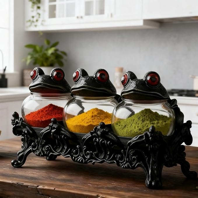 Witchy Frog Apothecary Spice Jars, Handcrafted Vintage Class Apothecary Jars with Frog Lids, Gothic Food Storage Containers, Frogs Spice Jar Fun Salt and Pepper Shakers Seasoning Container