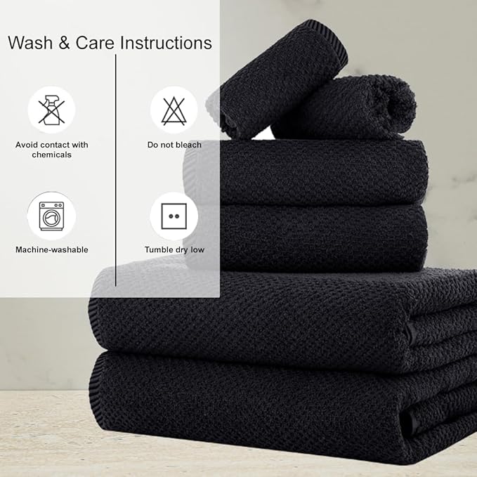 CASA COPENHAGEN Popcorn 6 Pieces Towel Set- Black, 600 GSM 2 Bath Towel 2 Hand Towel 2 Washcloth, Designed in Denmark Made of Soft Egyptian Cotton for Bathroom, Kitchen & Shower