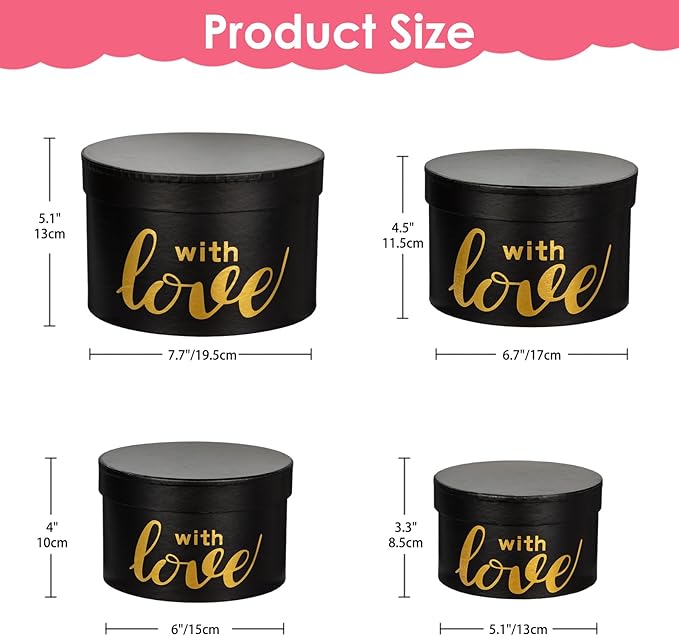 Luxury Round Nested Gift Boxes with Lids (Set of 4) – Reusable Sturdy Cardboard Gift Box Set for Birthdays, Weddings, Anniversaries, Christmas, and Valentine’s Day – Black & Gold