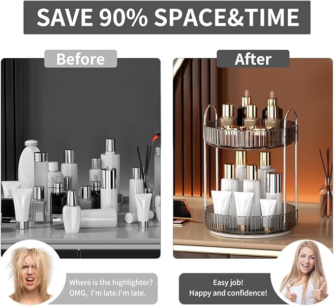 360° Rotating Makeup Organizer – 2-Tier Spinning Cosmetic Holder for Vanity, Countertop, Bathroom & Dresser – Perfume, Skincare & Cosmetic Care Organizer (Clear Grey, 2 Tier)