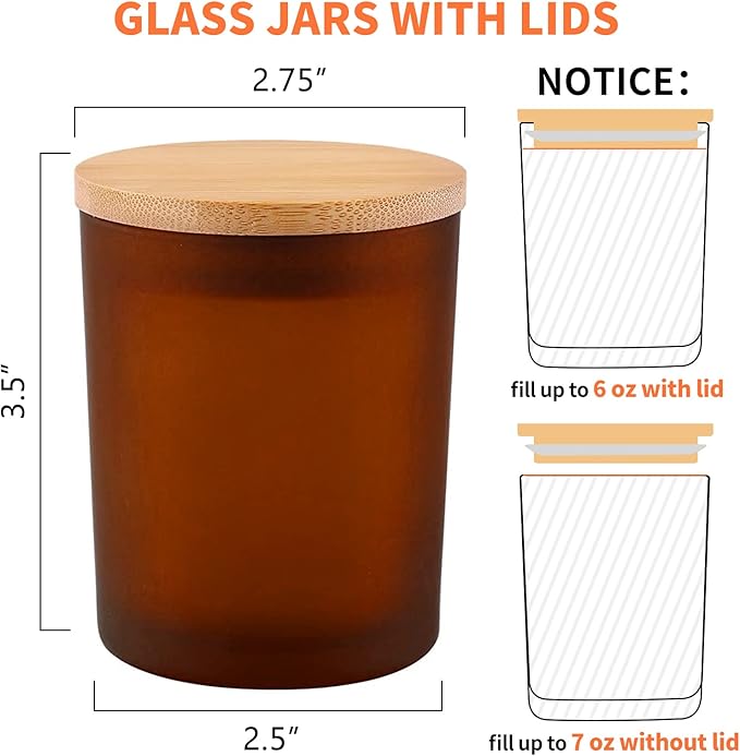 15 Pack Candle Glass Jars- 7oz Frosted Amber Empty Candle Containers with Bamboo Lids and Sticky Labels, Matte Brown Jars in Bulk for Making Candles- Dishwasher Safe-7 fl.oz