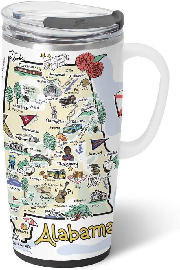 Swig Life 22oz Travel Mug, Insulated Tumbler with Handle and Lid, Travel Coffee Mug, Cup Holder Friendly, Stainless Steel 22 oz Tumbler, Reusable Insulated with Lid (Alabama)