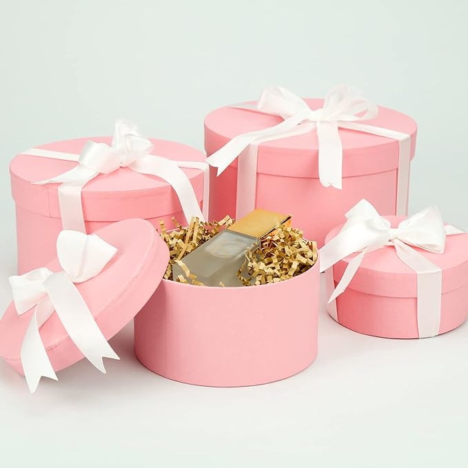 Luxury Nesting Gift Boxes - Pink with Lids, 4 Pack, Small, 17ft Ribbon for Bridesmaid, Valentines, Mother's Day, Graduation