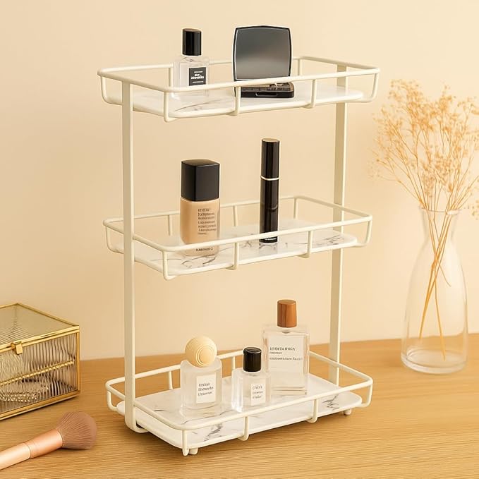 Bathroom Organizer Countertop Perfume Organizer Makeup Organizer Cosmetics Storage Display Rack Vanity Tray Dresser Stainless Steel Gold Shelf White Marble Ceramic Tray