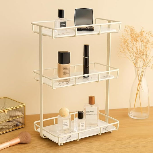 Bathroom Organizer Countertop Perfume Organizer Makeup Organizer Cosmetics Storage Display Rack Vanity Tray Dresser Stainless Steel Gold Shelf White Marble Ceramic Tray