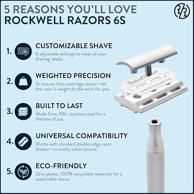 Rockwell Razors 6S Matte Stainless Steel Safety Razor. Adjustable Single Blade Razor With 6 Shave Settings and 5 Recyclable Blades. Custom Shaves For Men and Women. Reduces Razor Burn and Irritation.