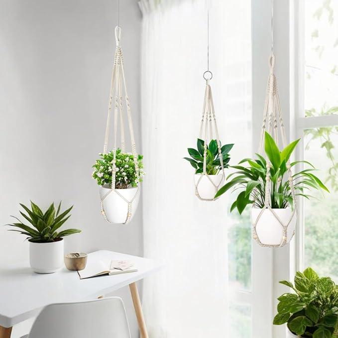 3 Pack Macrame Plant Hanger,Hanging Plant Holder, Boho Home Decor Hanging Basket with Wood Beads,Hanging Planters for Indoor Plants,Plant Hanger Indoor 35"/29"/23" Ivory (POTS NOT Included)