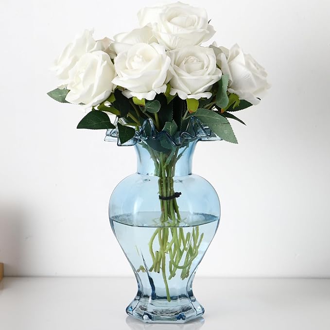 Large Glass Vase, Blue Vase for Flowers, Flower Vases for Bouquet, Glass Flower Vases for Living Room, Dining Table, Shelf, Wedding, Office, Coffee Table, 9.5 Inches
