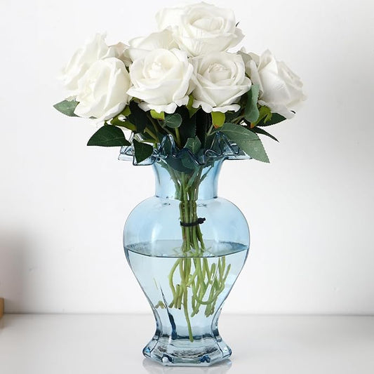 Large Glass Vase, Blue Vase for Flowers, Flower Vases for Bouquet, Glass Flower Vases for Living Room, Dining Table, Shelf, Wedding, Office, Coffee Table, 9.5 Inches