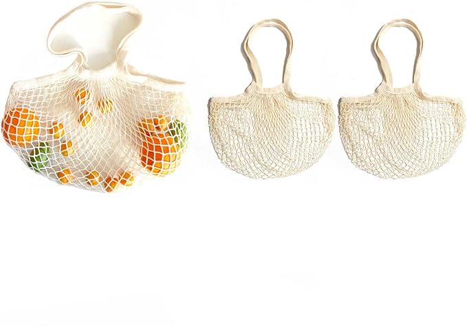 LZMS 3PCS Cotton Net Bags for Produce,Farmers Market Bag,Mesh Produce Bags Reusable Washable,Grocery Veggie Net Tote with Wide-Strap Carry Handles(Long Handle)