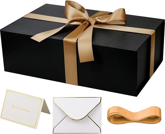 YINUOYOUJIA Large Black Gift Boxes with Lid,14"x9"x4.5" Magnetic Gift Box with Ribbon,Cards and Envelopes for Presents,Great for Wedding,Birthdays,Crafting,Gift Packaging.