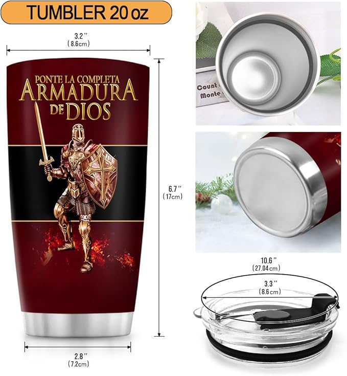 Jesuspirit Christian Gifts for Men, Women - Fathers Day, Pastor Appreciation Religious Gift For Men - Christian Coffee Mug - Armor Of God Stainless Steel Tumbler (Armor Of God (Spanish), 20OZ)
