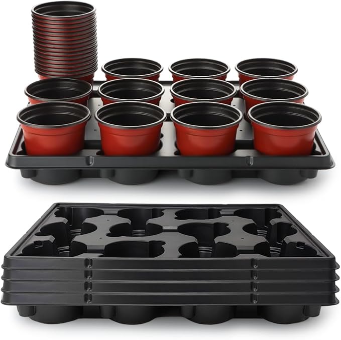 4 inch Round Nursery Pots 60pcs, 12 Cell Nursery Pots Trays 5 Pcs, Sturdy Seeds Starting Germination Shuttle Carrying Trays, Small Planter Nursery Propagation 5 Sets