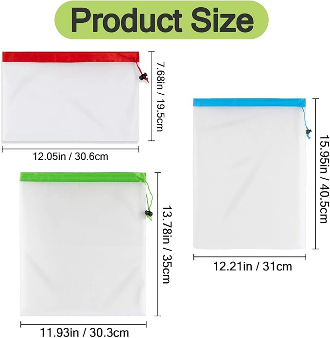 MAQIHAN 12PCS Reusable Produce Bags - Mesh Produce Bags Drawstring Reusable Washable Vegetable Storage Bags Refrigerator Keep Fresh Grocery Food Fruits Veggie Green Net Bag Toy Storage Zero Waste Shop