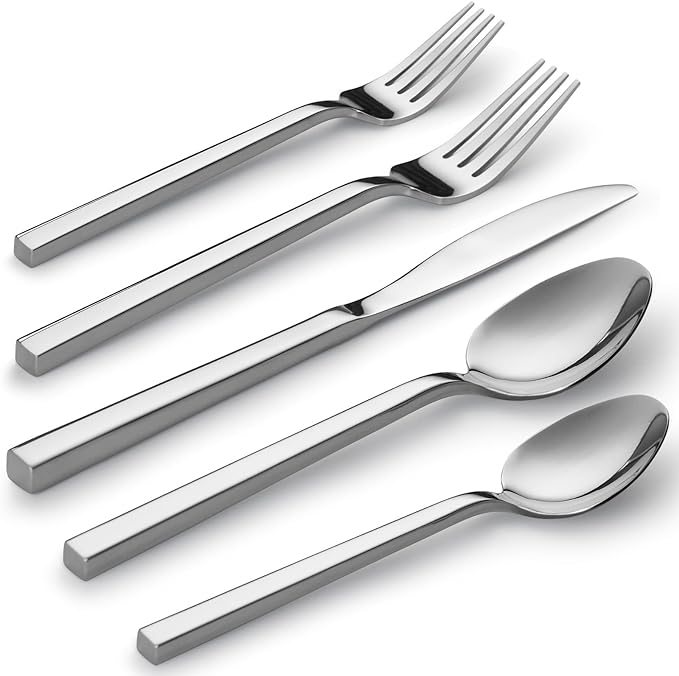 Alata Cube 60-Piece Forged Stainless Steel Flatware Set Cutlery Set, Silverware Set Service for 12, Mirror Finish, Dishwasher Safe