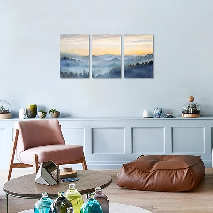 Wall Decor for Bedroom 3 Panel Sunrise Misty Forest Print Picture Paintings Wall Art for Living Room Bathroom Framed Canvas Artwork Modern Room Wall Decorations Size 16x24 x 3 Piece Ready to Hang