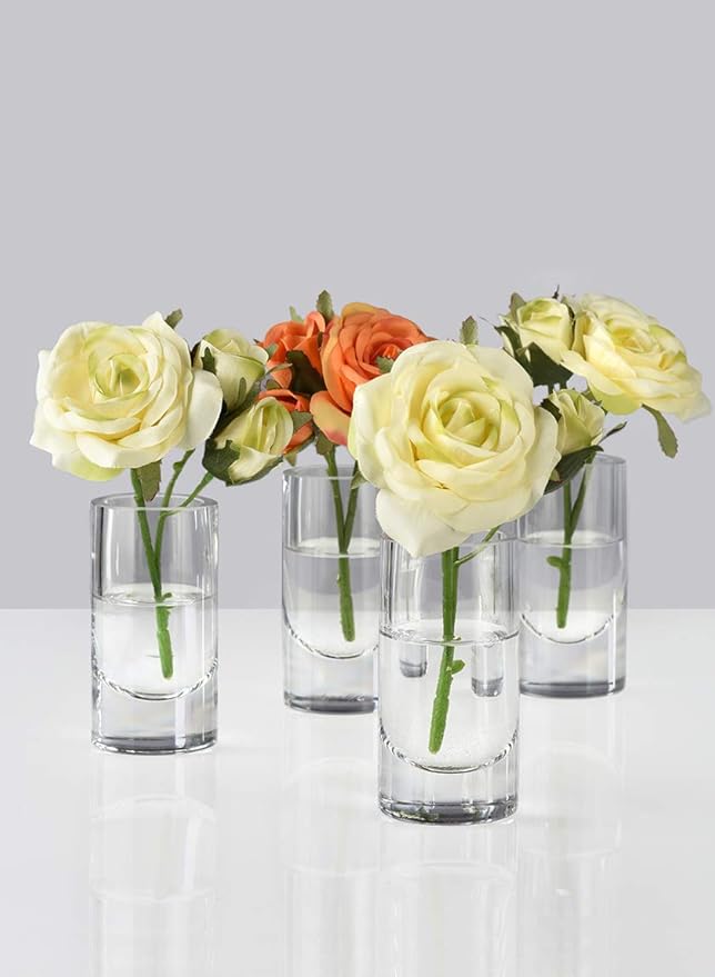 Serene Spaces Living Clear Glass Bud Vases, Set of 4, Ideal for Tablescape at Weddings, Events, Measures 4" Tall and 2" Diameter