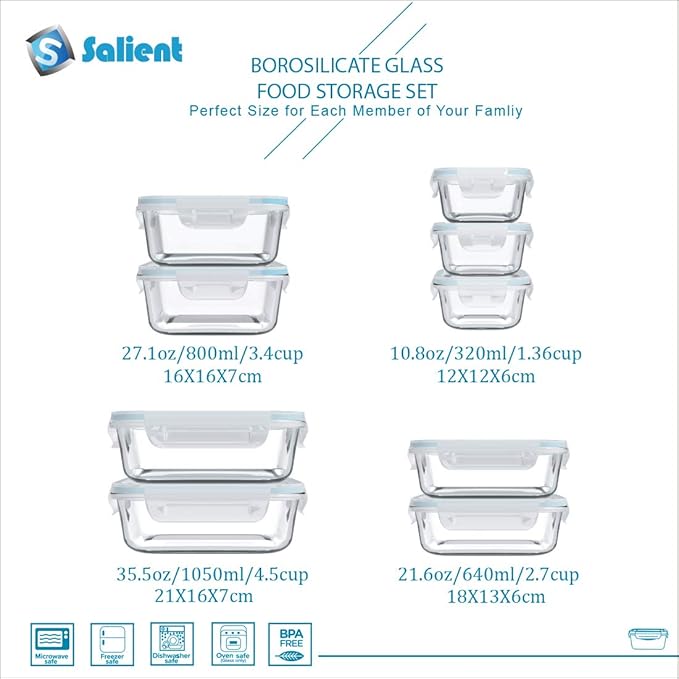 18 Piece Glass Food Storage Containers with Lids, Glass Meal Prep Containers, food storage Containers for Food Storage with Lids, BPA Free & Leak Proof (9 lids & 9 Containers)