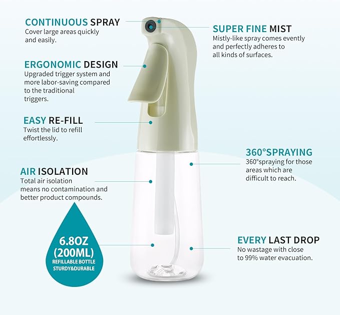 TANSHINE Continuous Spray Bottle for Hair,Ultra Fine Mist Water Hair Spray Bottles,Mister Spray Bottle,Refillable Plastic Sprayer for Hairstyling,Cleaning,Alcohol, Plants,Salons,6.8oz/200ml,Green