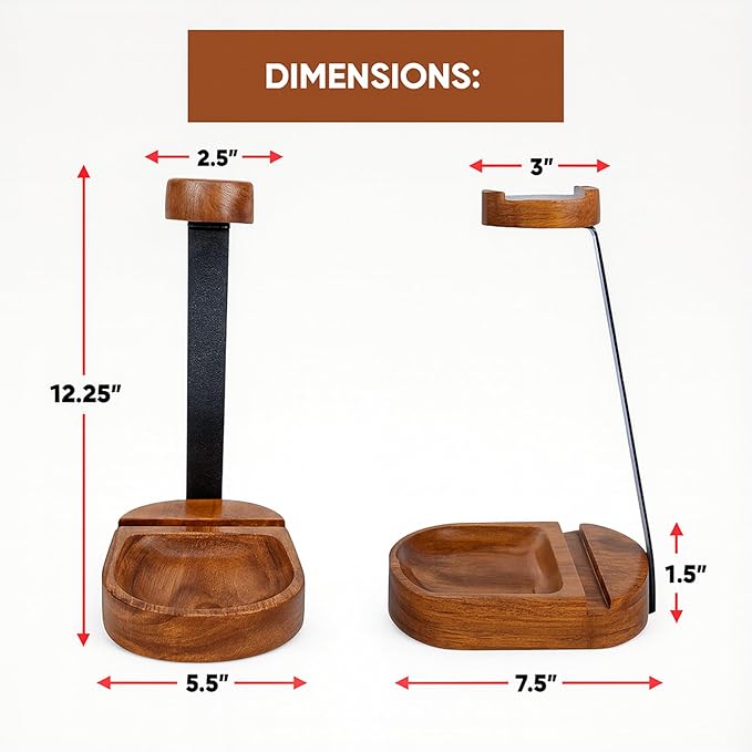 Acacia Wood Headphone & Phone Stand with Tray – Dual Device Holder Desk Organizer for Over-Ear Headphones & Mobile Phone, Gaming Setup, Workstation, Stylish Wooden Catchall