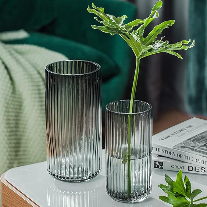 Muyan 7.5" Flower Vase for Decor Ribbed Glass Vase Modern for Centerpieces Desktop Home Office Dining Living Room Wedding (Gray)