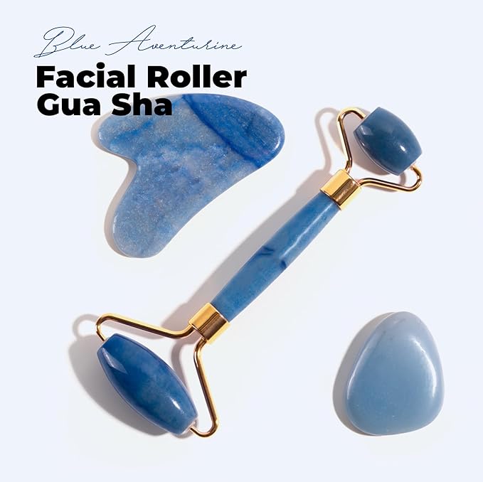 ROSELYNBOUTIQUE Gua Sha Facial Tools & Face Roller Original Face Massager for Puffiness Wrinkless Skin Care Routine - Self Care Gift for Men Women (Blue Aventurine)