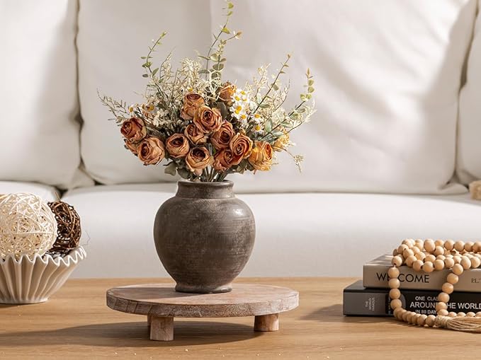 Ceramic Flower Vase, 6 Inch Small Rustic Farmhouse Vase Decorative Vase Short Pottery Vases for Home Decor Table Living Room Entryway Mantel Bookshelf Bedroom Bathroom Kitchen - Brown