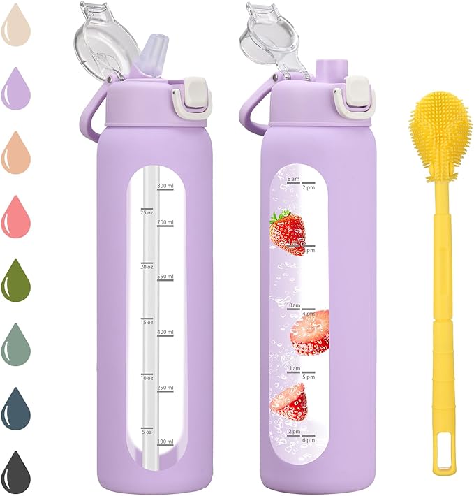 32 oz Glass Water Bottle with 2 Lids-Handle Spout Lid & Straw Lid, 1 Liter Motivational Borosilicate Water Bottle with Time Marker and Silicone Sleeve,Leakproof-Purple-1 Pack