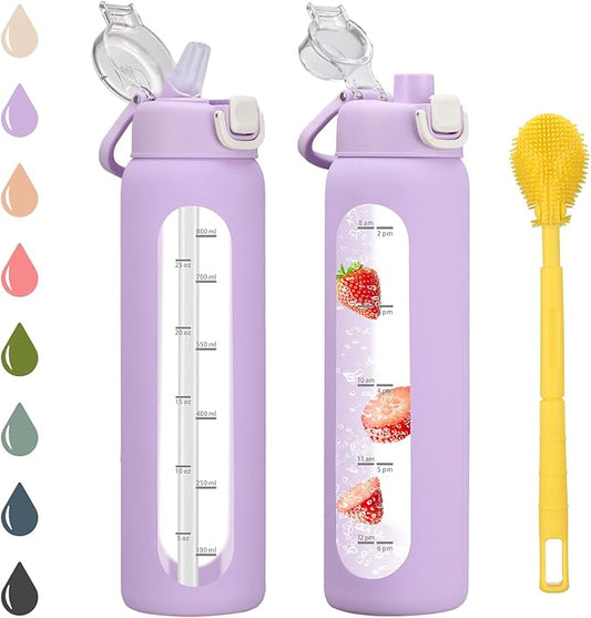 32 oz Glass Water Bottle with 2 Lids-Handle Spout Lid & Straw Lid, 1 Liter Motivational Borosilicate Water Bottle with Time Marker and Silicone Sleeve,Leakproof-Purple-1 Pack